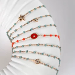 Bracelet corail Etoile du Nord diamant, or rose, 17 cm