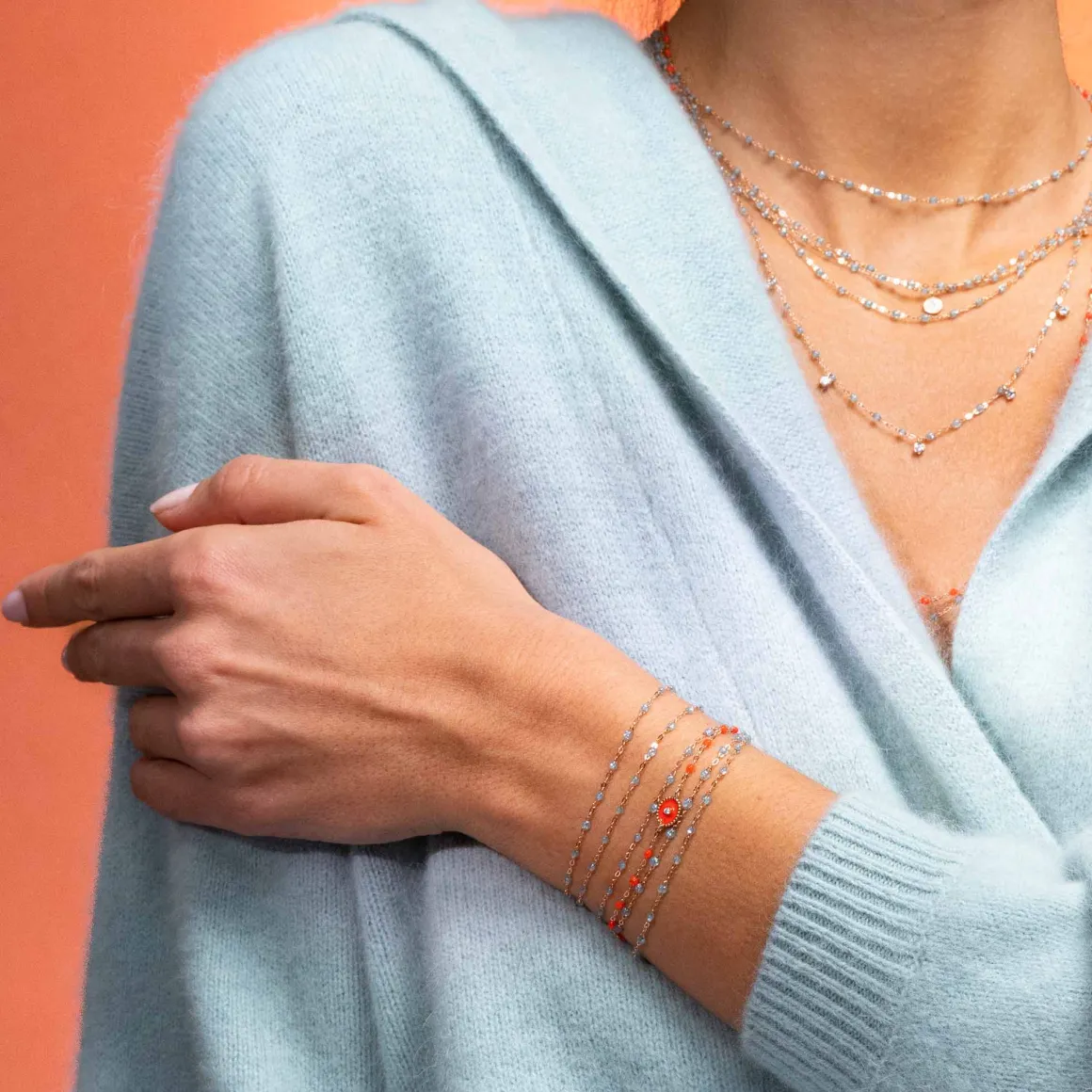 Bracelet corail Etoile du Nord diamant, or rose, 17 cm