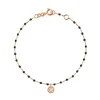 Bracelet Lucky Puce, diamant, or rose et mini perles de résine noire, 17 cm