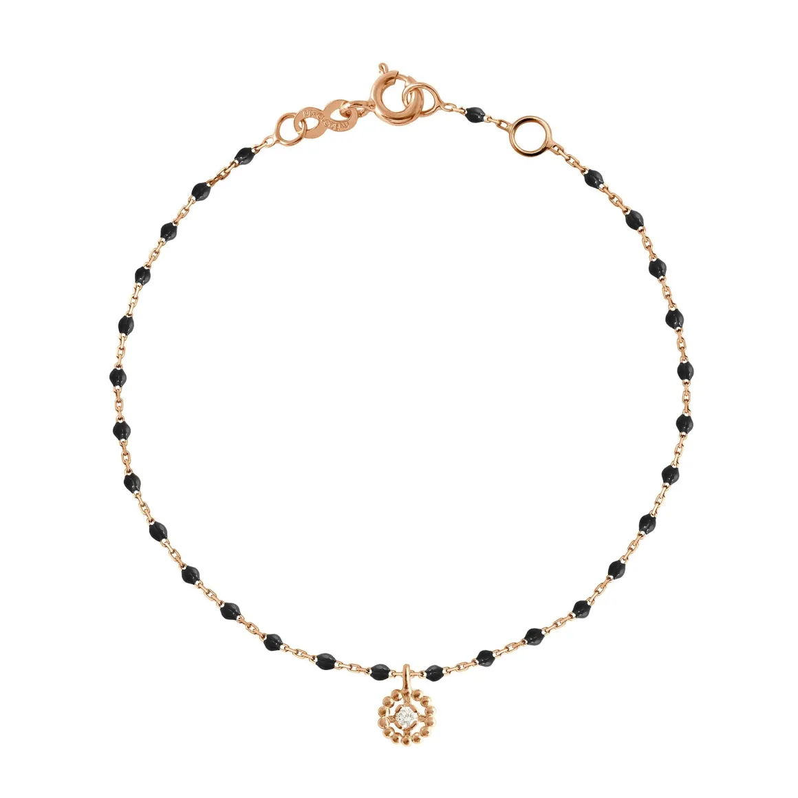 Bracelet Lucky Puce, diamant, or rose et mini perles de résine noire, 17 cm