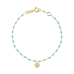 Bracelet Lucky Puce, diamant, or jaune et mini perles de résine turquoise verte, 17 cm