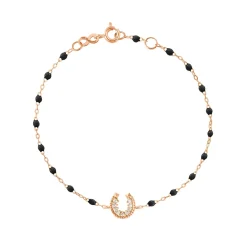 Bracelet noir Fer à cheval, diamants, or rose, 17 cm