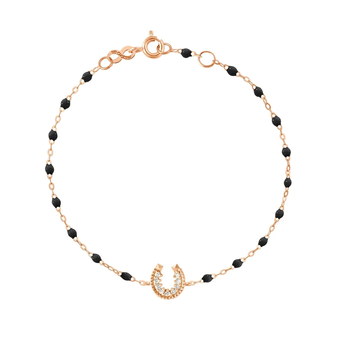 Bracelet noir Fer à cheval, diamants, or rose, 17 cm