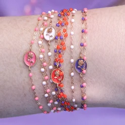 Bracelet Rose résine rose fluo, or jaune, 17 cm