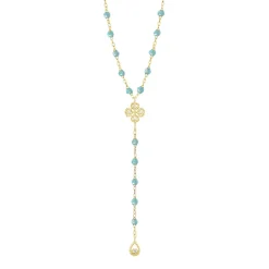 Chapelet aqua Lucky Trèfle, diamants, or jaune, 45 cm