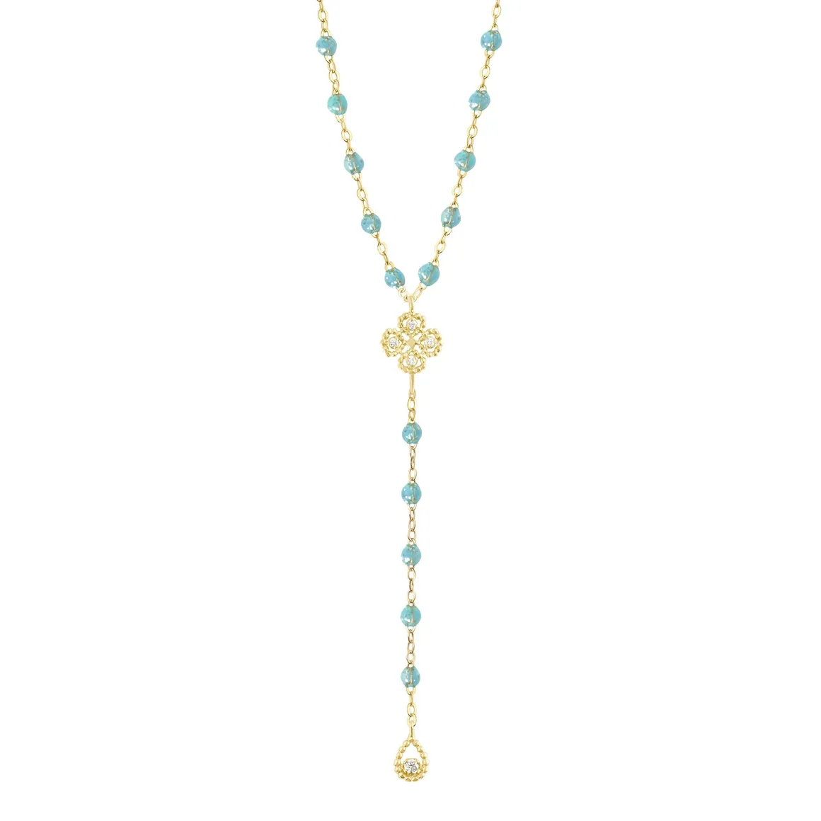 Chapelet aqua Lucky Trèfle, diamants, or jaune, 45 cm