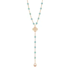 Chapelet aqua Lucky Trèfle, diamants, or rose, 45 cm