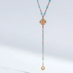 Chapelet aqua Lucky Trèfle, diamants, or rose, 45 cm