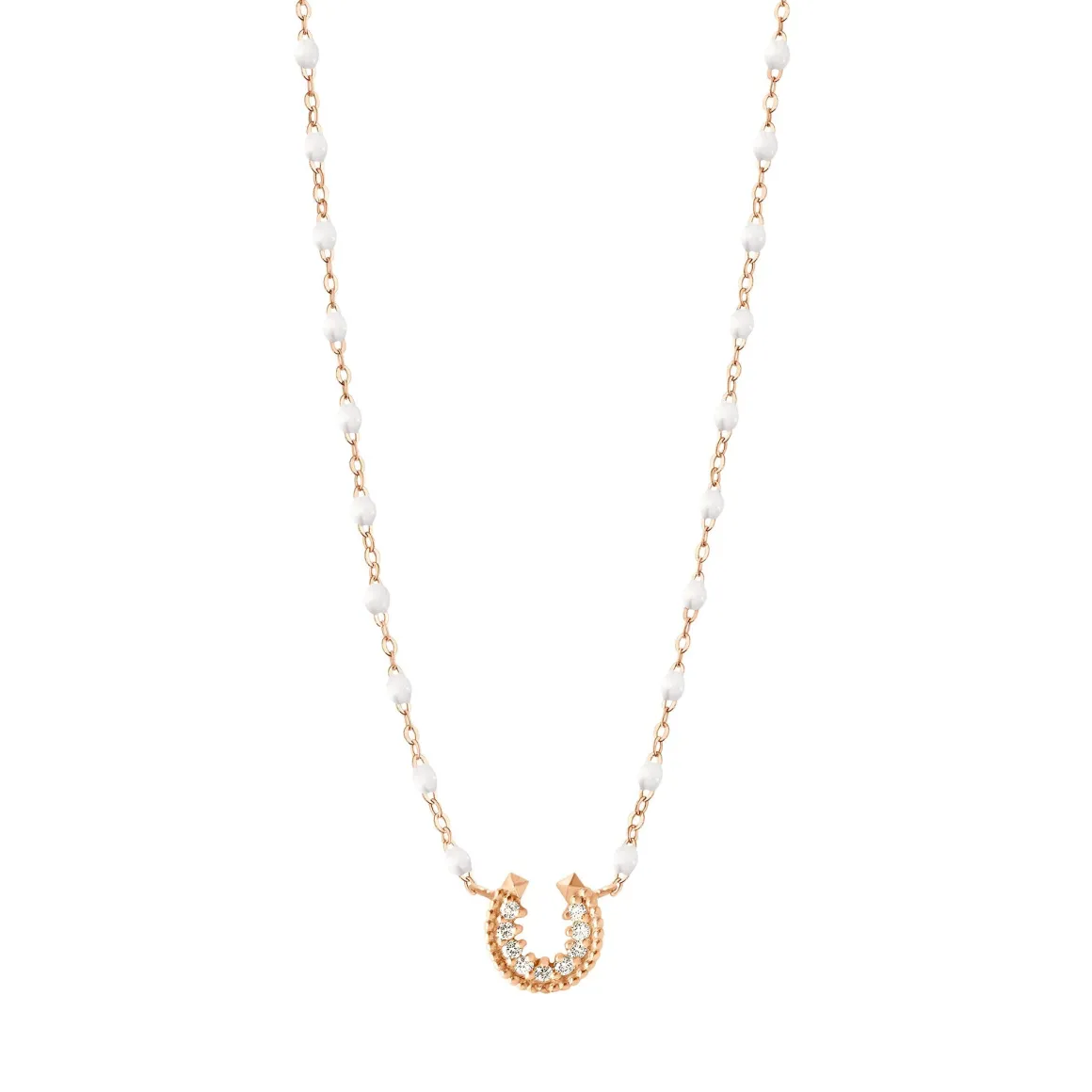 Collier blanc Fer à cheval, diamants, or rose, 42 cm