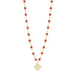 Collier corail Lucky Trèfle, diamants, or jaune, 42 cm