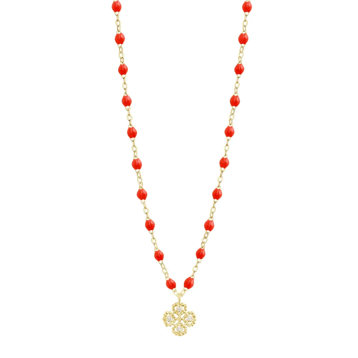 Collier corail Lucky Trèfle, diamants, or jaune, 42 cm