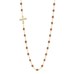 Collier fauve Croix Vintage diamants, or jaune, 42 cm