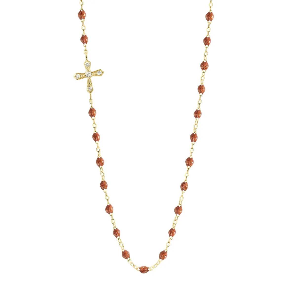 Collier fauve Croix Vintage diamants, or jaune, 42 cm