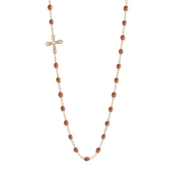 Collier fauve Croix Vintage diamants, or rose, 42 cm