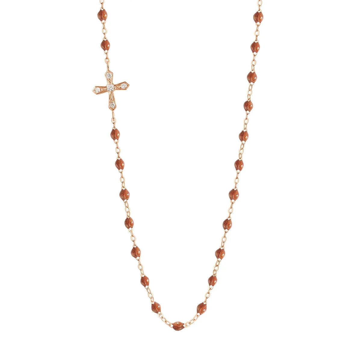 Collier fauve Croix Vintage diamants, or rose, 42 cm