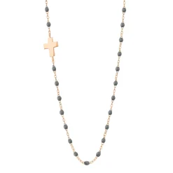 Collier gris foncé Croix de côté, or rose, 42 cm