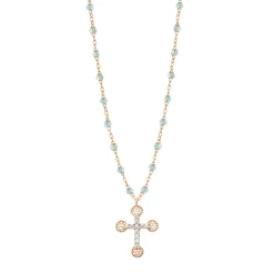 Collier ice Petite Croix Dentelle diamants, or rose, 42 cm