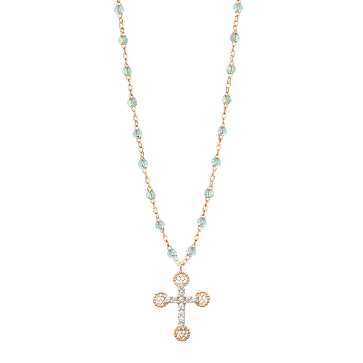 Collier ice Petite Croix Dentelle diamants, or rose, 42 cm