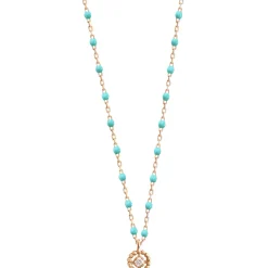 Collier Lucky Puce, diamant, or rose et mini perles de résine turquoise verte, 42 cm