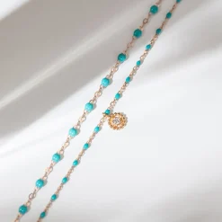 Collier Lucky Puce, diamant, or rose et mini perles de résine turquoise verte, 42 cm