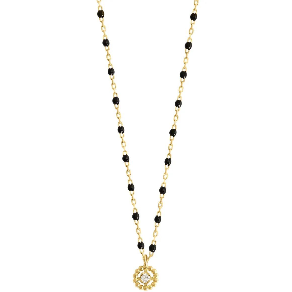 Collier Lucky Puce, diamant, or jaune et mini perles de résine noire, 42 cm