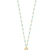 Collier Lucky Puce, diamant, or jaune et mini perles de résine turquoise verte, 42 cm