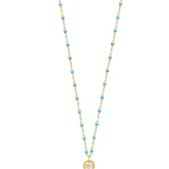 Collier Lucky Puce, diamant, or jaune et mini perles de résine turquoise verte, 42 cm
