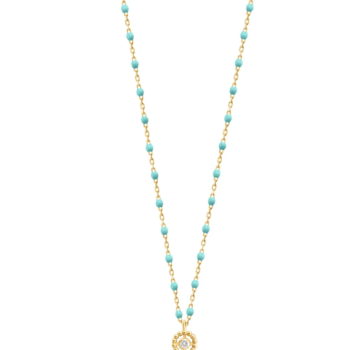 Collier Lucky Puce, diamant, or jaune et mini perles de résine turquoise verte, 42 cm