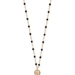 Collier Lucky Puce, diamant, or rose et mini perles de résine noire, 42 cm