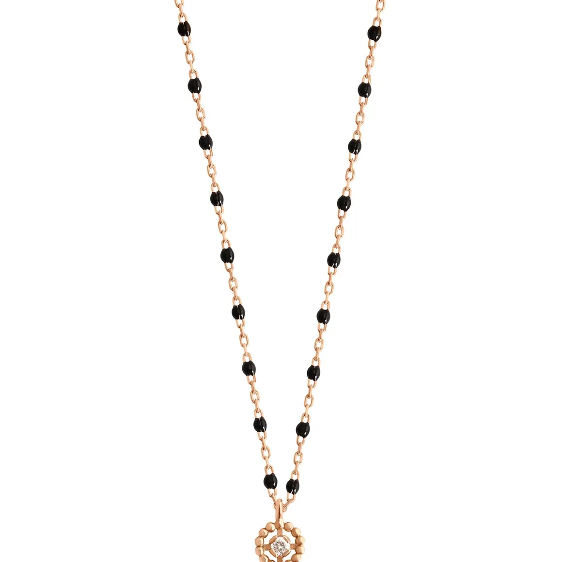 Collier Lucky Puce, diamant, or rose et mini perles de résine noire, 42 cm