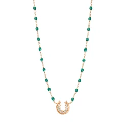Collier émeraude Fer à cheval, diamants, or rose, 42 cm