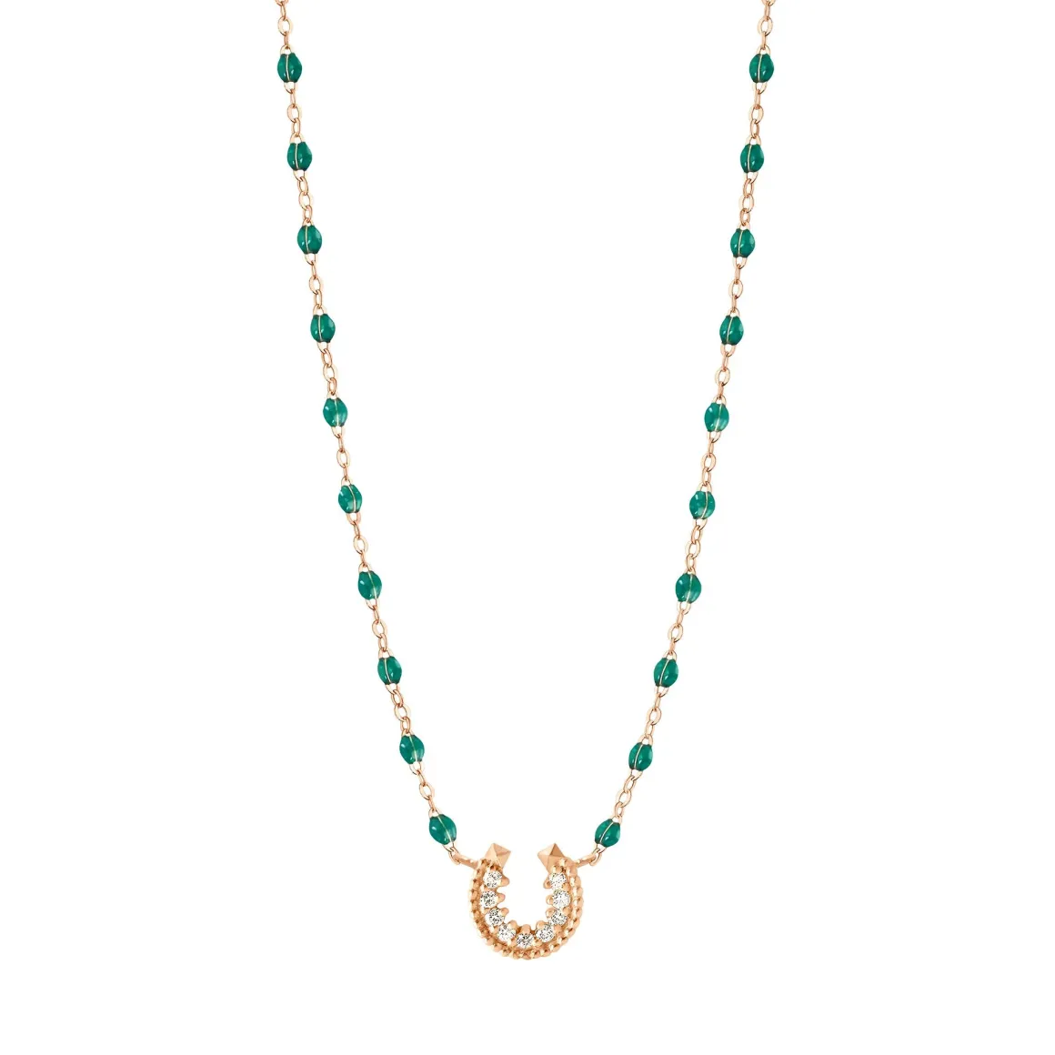 Collier émeraude Fer à cheval, diamants, or rose, 42 cm