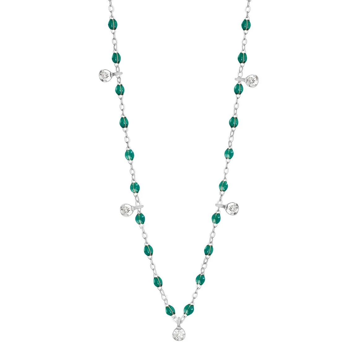 Collier émeraude Gigi Suprême, or blanc, 5 diamants, 45 cm