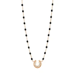 Collier noir Fer à cheval, diamants, or rose, 42 cm