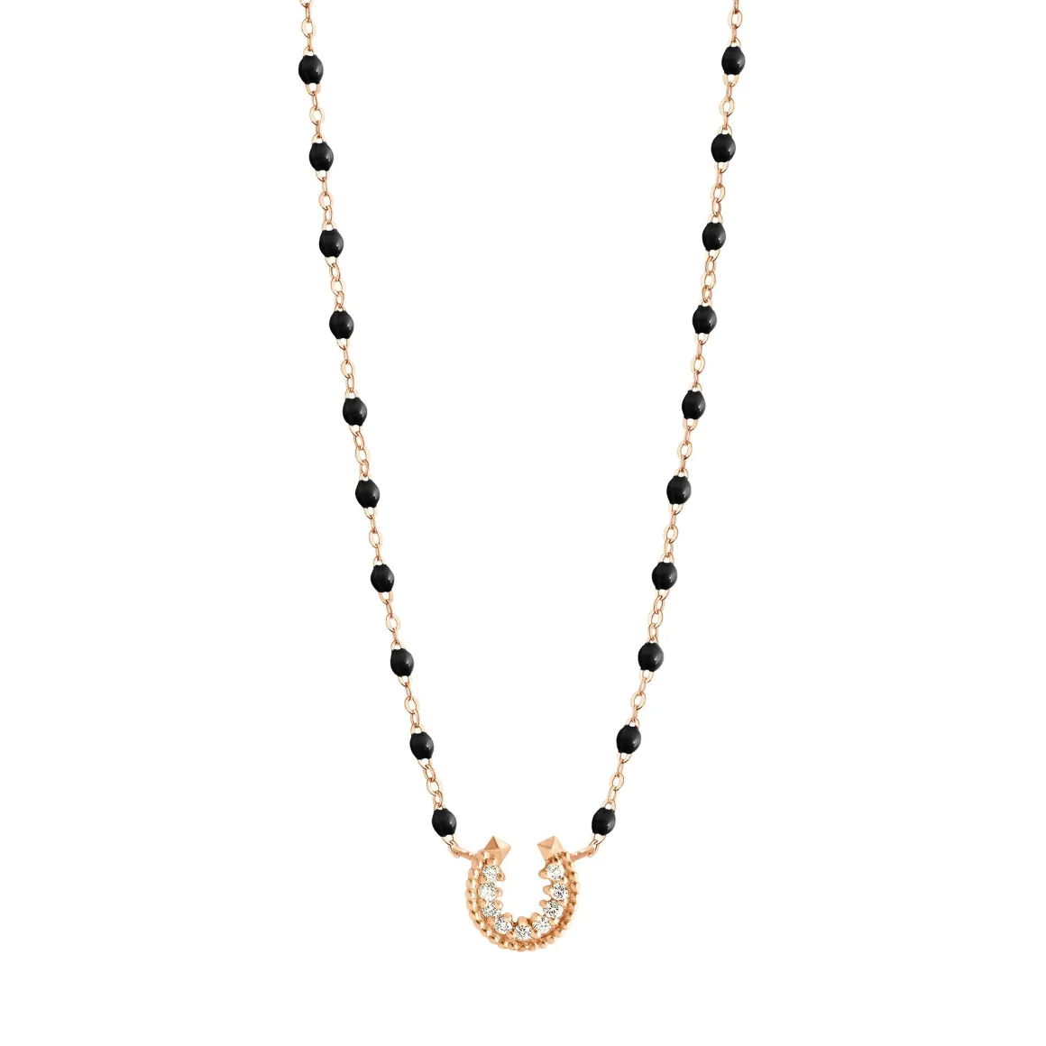 Collier noir Fer à cheval, diamants, or rose, 42 cm