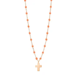 Collier orange fluo Croix Classique Gigi, or rose, 42 cm