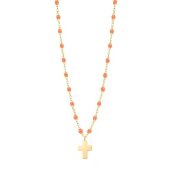 Collier orange fluo Croix Classique Gigi, or jaune, 42 cm
