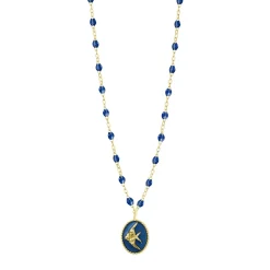 Collier Poisson Ange résine saphir, or jaune, 42 cm