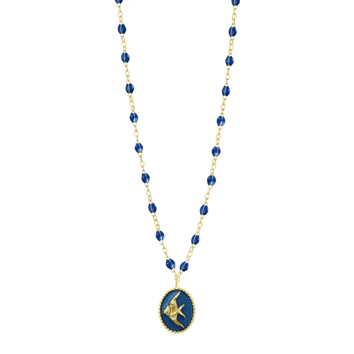 Collier Poisson Ange résine saphir, or jaune, 42 cm