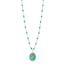 Collier Poisson Ange résine turquoise vert, or jaune, 42 cm