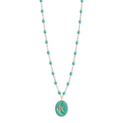 Collier Poisson Ange résine turquoise vert, or rose, 42 cm