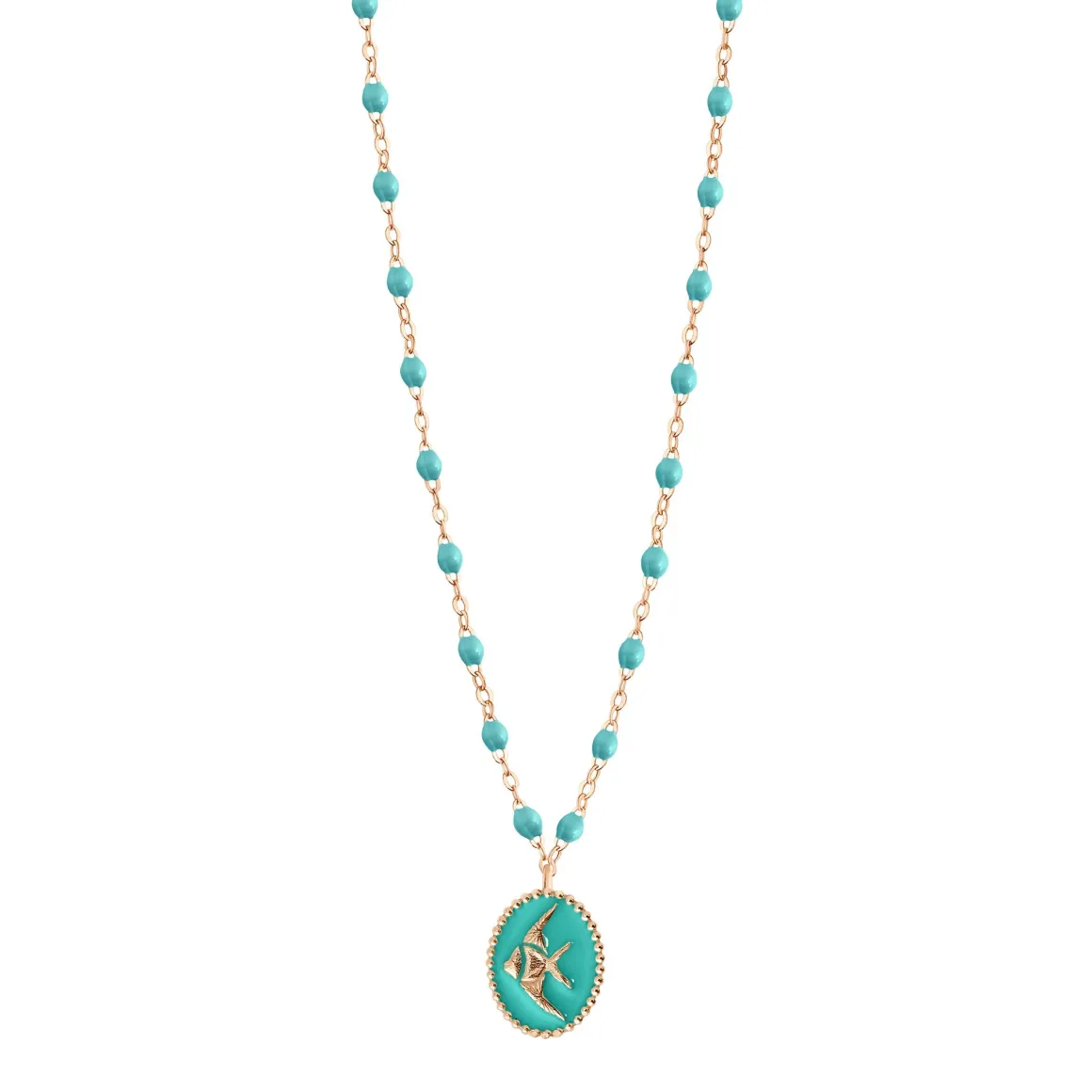 Collier Poisson Ange résine turquoise vert, or rose, 42 cm