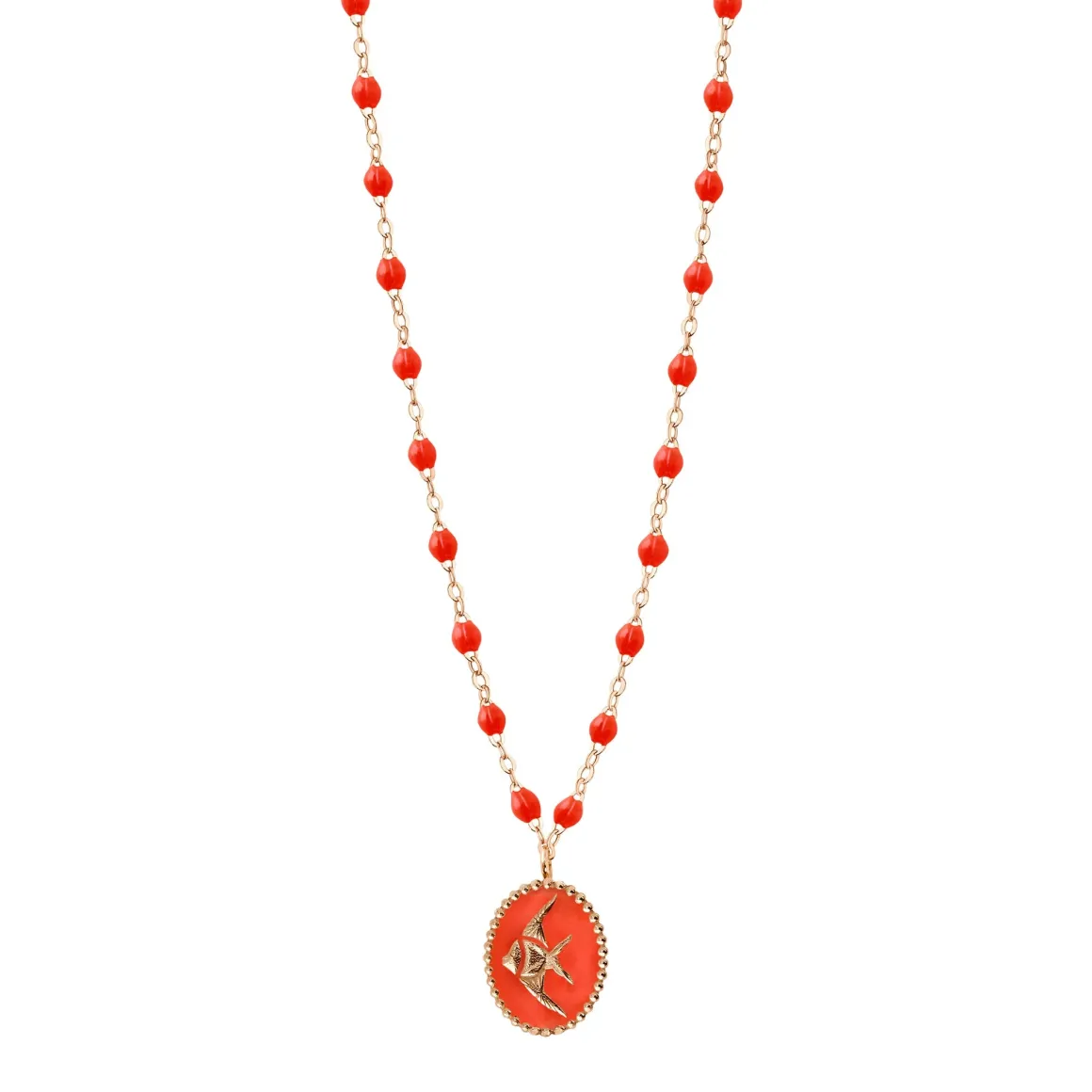 Collier Poisson Ange résine corail, or rose, 42 cm