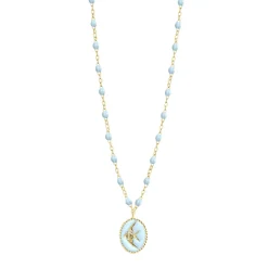 Collier Poisson Ange résine bleu layette, or jaune, 42 cm