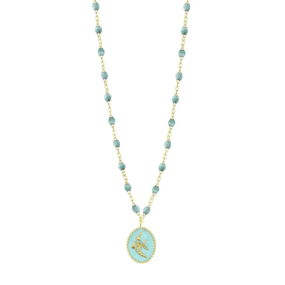 Collier Poisson Ange résine glacier, or jaune, 42 cm