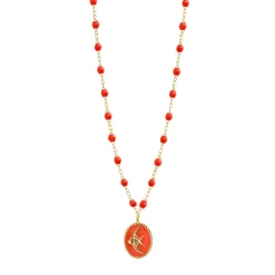 Collier Poisson Ange résine corail, or jaune, 42 cm
