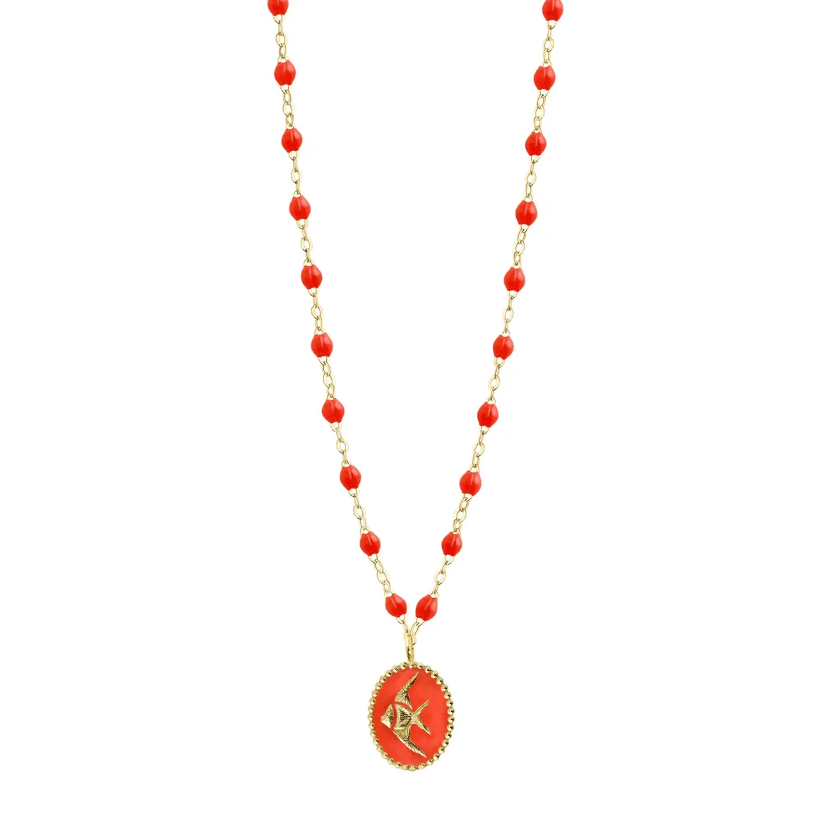Collier Poisson Ange résine corail, or jaune, 42 cm
