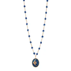 Collier Poisson Ange résine saphir, or rose, 42 cm