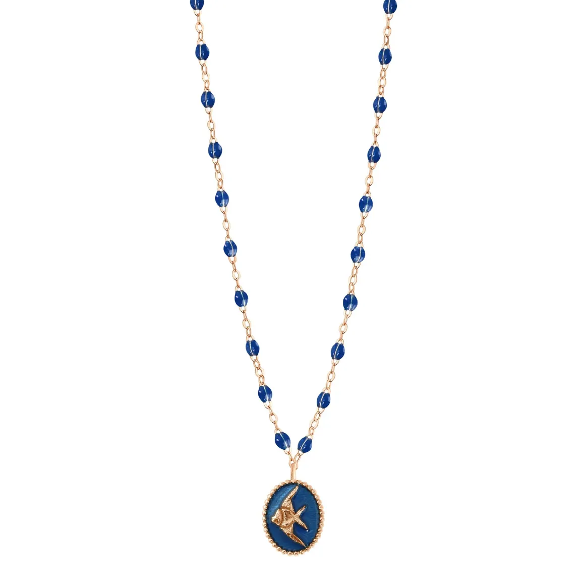 Collier Poisson Ange résine saphir, or rose, 42 cm