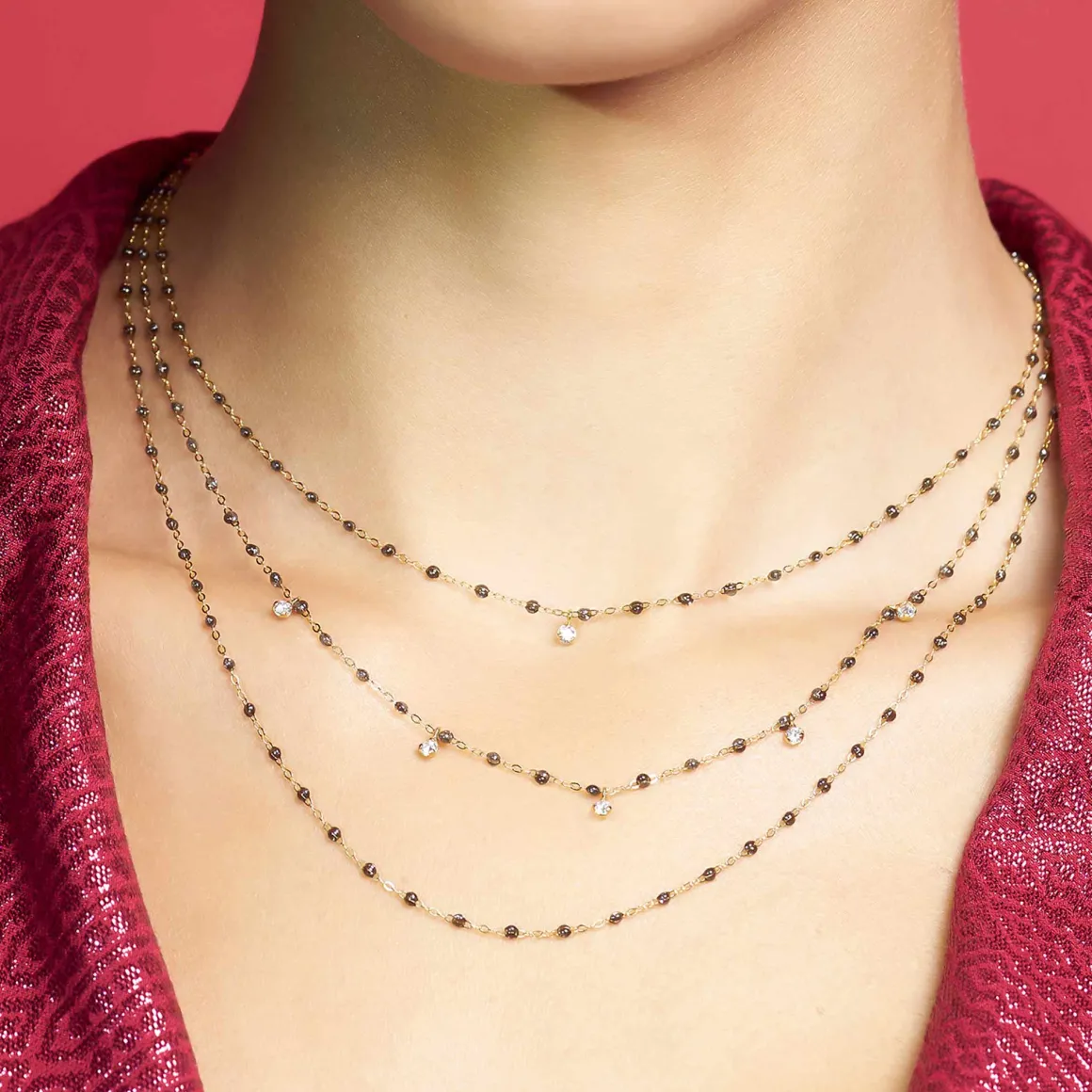 Collier quartz Gigi Suprême, or rose, 5 diamants, 45 cm